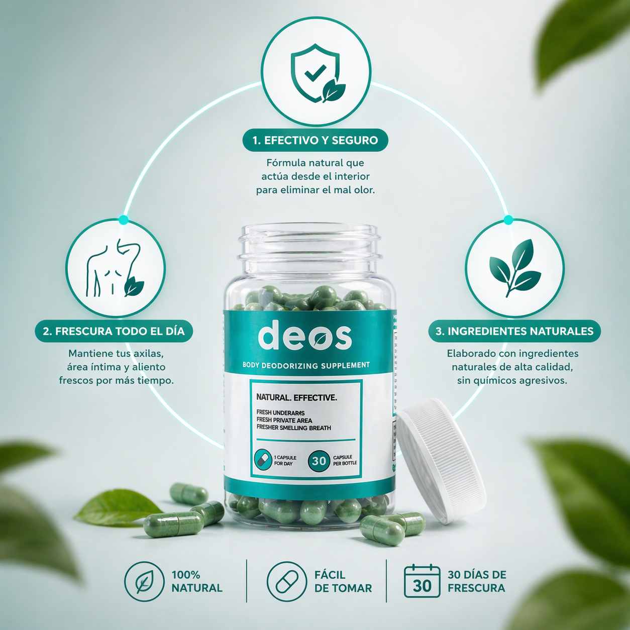 Deos: Neutraliza olores, Frescura corporal, Apoya el equilibrio digestivo